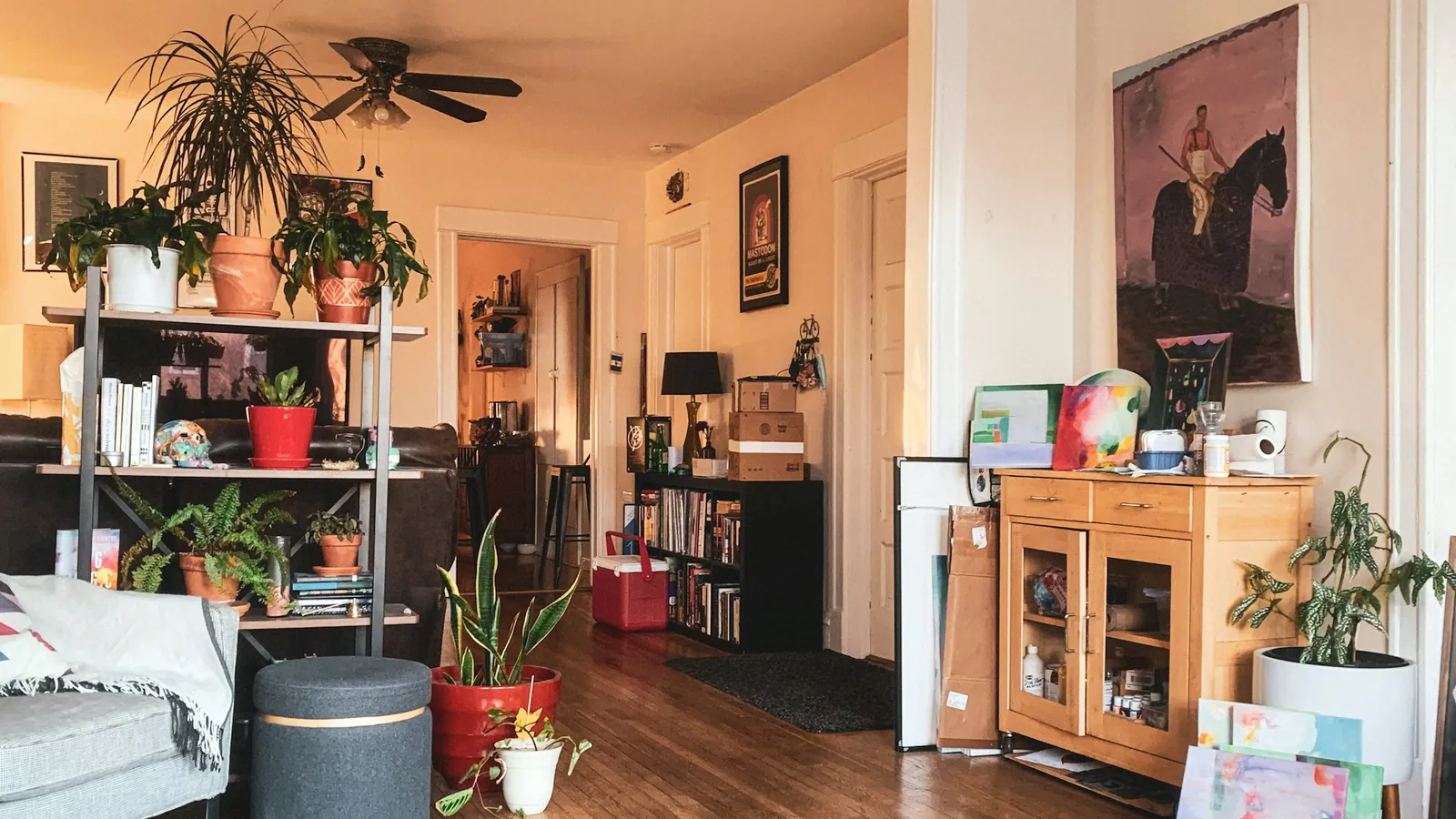Séjour d'un appartement occupé, avec plantes, livres et effets personnels du locataire